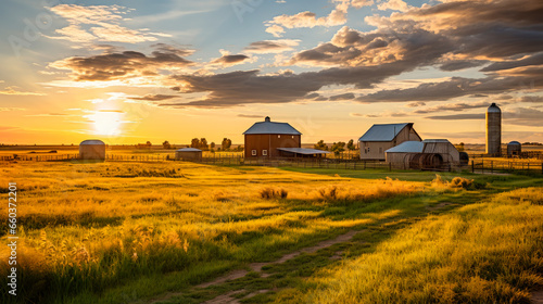 Summer sunset with a barn and silos in rural landscape