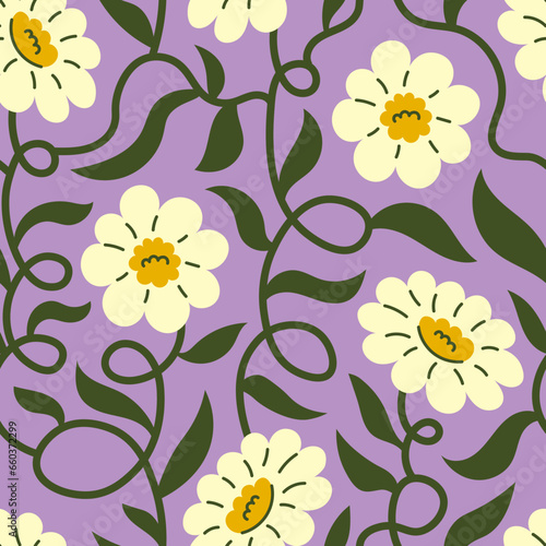 Curly Groovy Chamomile Seamless Pattern. Vintage floral seamless background with wavy flowers and leaves. Repeat vector illustration for fabric  textile