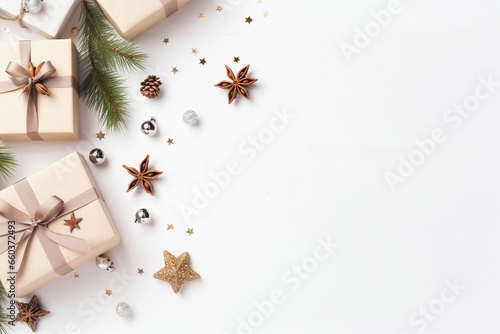 Merry Christmas Gift and Decorations on White Wooden Background  © Maximilien
