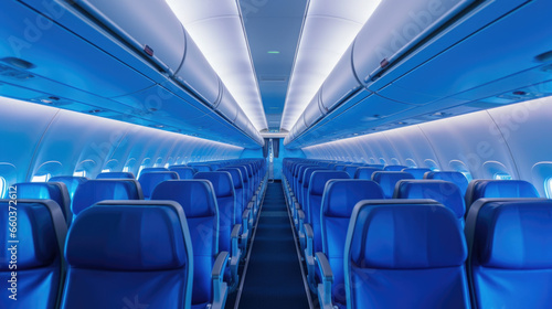 Modern Airplane seats in perspective. Transportation concept. Aircraft's corridor interior in modern tones. © Ruslan Gilmanshin