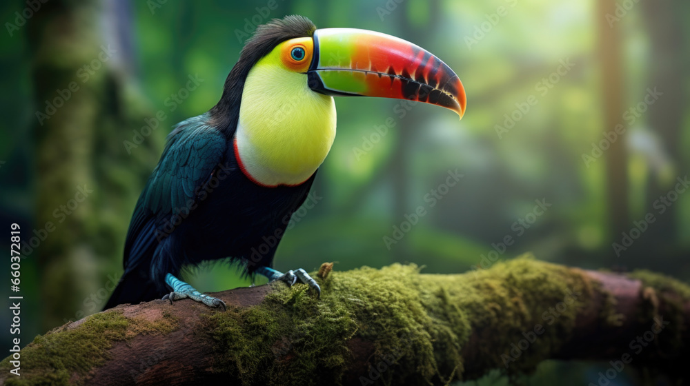 Naklejka premium Keel-billed Toucan, Ramphastos sulfuratus, bird with big bill sitting on the branch in the forest. Nature travel in central America.