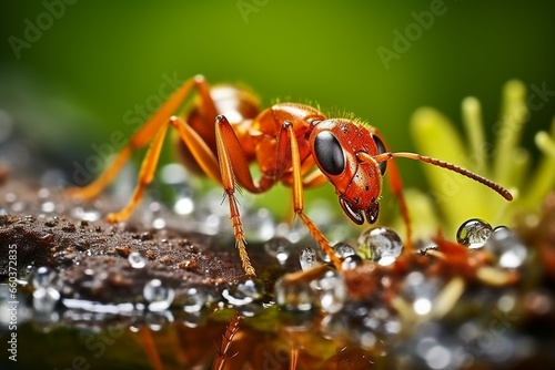 Thirsty Red Ant Sipping Dewdrops on Flower Petals © Maximilien