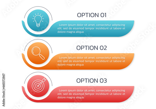 3 steps option infographic template. Presentation, layout design with business icons. Menu or list with 3 sections. Flow chart, process diagram, layout concept. Vector illustration.