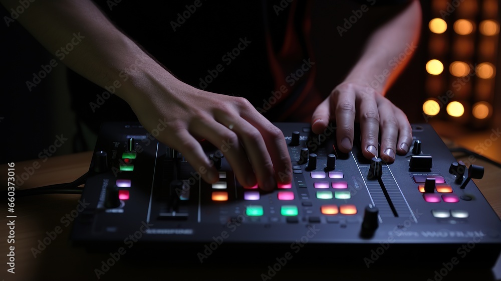 Dj mixing songs , DJ Hands, dj console mixer on concert nightclub stage, music colors. in nightclubs , at parties .generative AI Dj mixing songs , DJ Hands, dj console mixer on concert nightclub stage, music colors. in nightclubs , at parties .generative AI