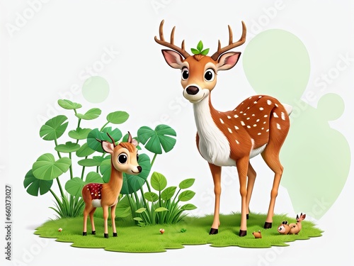Free Whimsical Adorable Deer and Baby Cartoon in Greenery  Generative AI