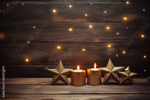 Elegant Festive Christmas Candles and Star on Warm Wooden Background