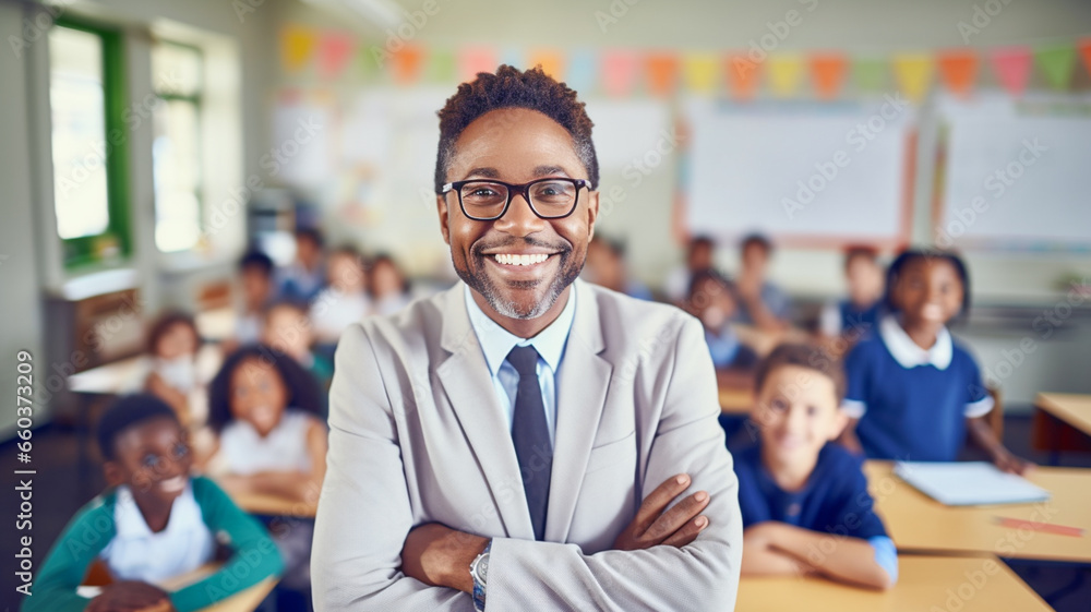 Portrait of smiling male black teacher in a class at elementary school looking at camera with learning students on background.
Portrait of smiling male black teacher in a class at elementary school looking at camera with learning students on background.