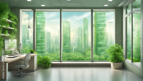 Eco green city view though window in office or workplace background