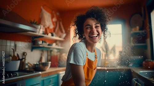 Happy housewife smiling young woman housekeeper having fun while cleaning house, using soap and foam enjoying domestic work. Attractive pretty cheerful girl maid washer floor. Housekeeping housework