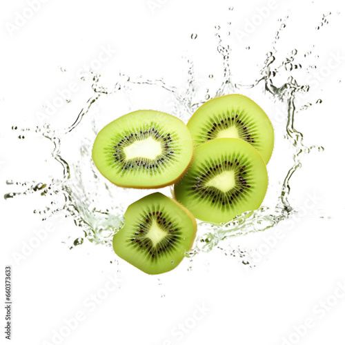 Creative layout made from Sliced of kiwi and water Splashing on a white background 