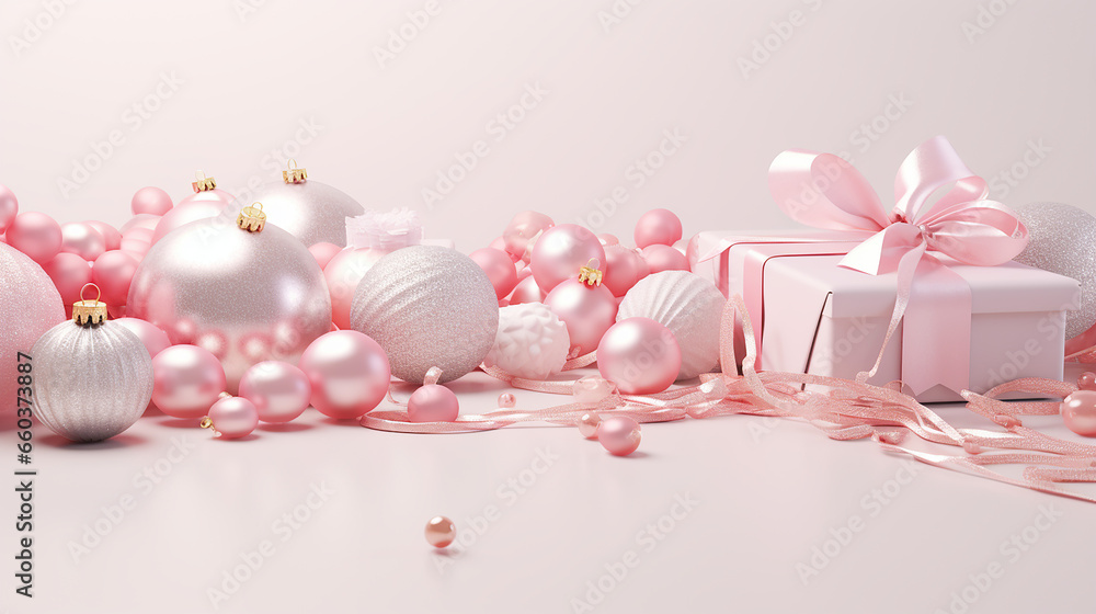 Pastel Pink Gift Boxes and Christmas Decorations. Close-up. Copy Space Pastel Pink Gift Boxes and Christmas Decorations. Close-up. Copy Space