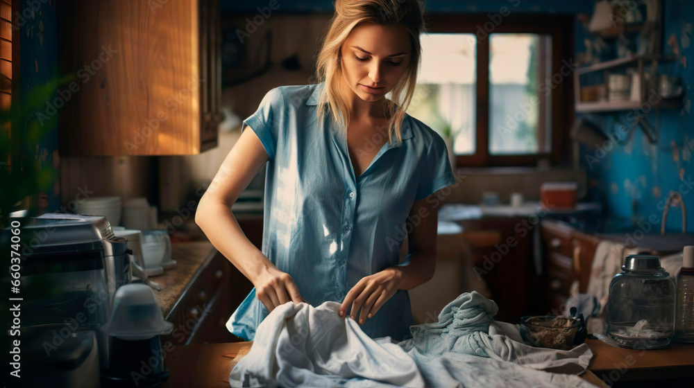 Hardworking housewife doing household chores. Beautiful female cleaning service woman worker girl housekeeper does the laundry of messy dirty clothes. - obrazy, fototapety, plakaty 