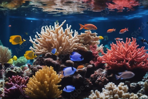 Tropical sea underwater fishes on coral reef Aquarium oceanarium wildlife colorful marine panorama 