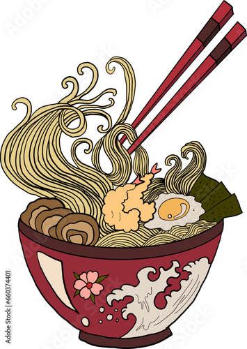 Japanese ramen vector for elements on menu in restaurant.Bowl noodles and chopsticks sketch. Asian food. Chinese, Korean, Japanese cuisine. Hand drawn vector illustration.Traditional Japanese ramen.