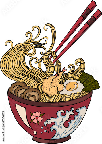Japanese ramen vector for elements on menu in restaurant.Bowl noodles and chopsticks sketch. Asian food. Chinese, Korean, Japanese cuisine. Hand drawn vector illustration.Traditional Japanese ramen.