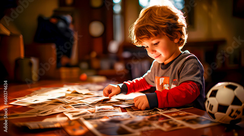 A boy with a collection of stickers at home