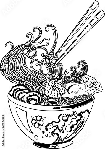 Japanese ramen vector for elements on menu in restaurant.Bowl noodles and chopsticks sketch. Asian food. Chinese, Korean, Japanese cuisine. Hand drawn vector illustration.Traditional Japanese ramen.