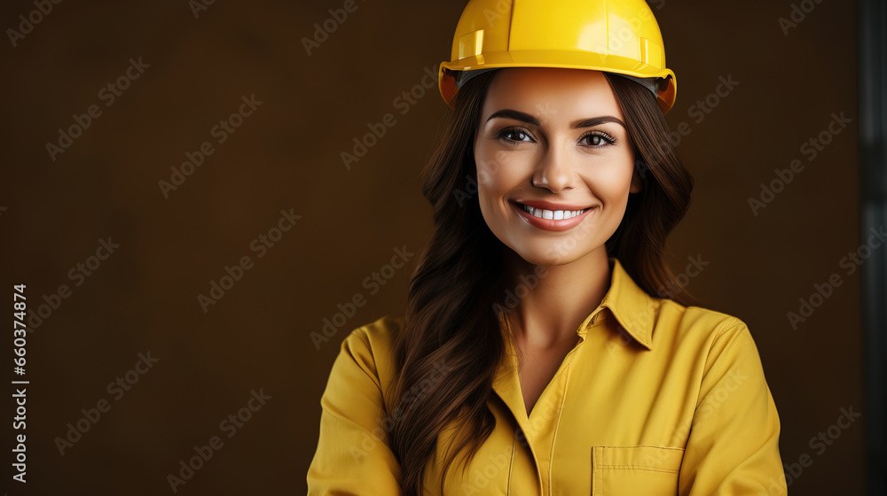 a beautiful female construction worker, with empty copy space a beautiful female construction worker, with empty copy space