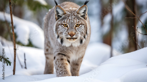 Lynx in winter. Young Eurasian lynx, walks in snowy beech forest. Beautiful wild cat in nature.