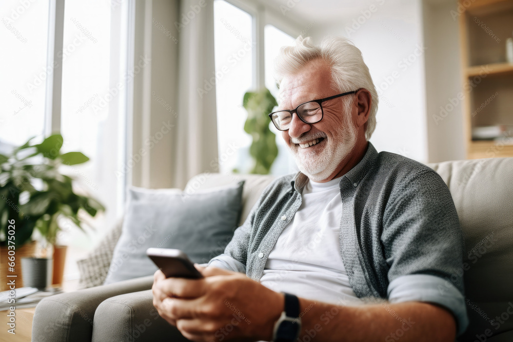 Portrait of a relaxed senior man laughing while using his smartphone at home. Modern lifestyle of the elderly people. Portrait of a relaxed senior man laughing while using his smartphone at home. Modern lifestyle of the elderly people.