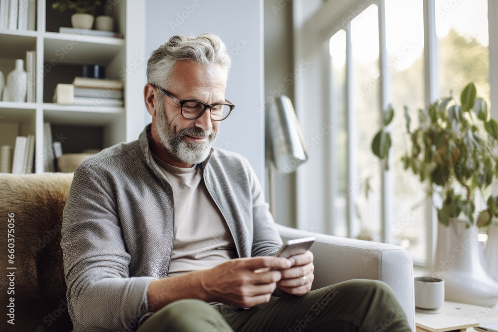 Portrait of a relaxed senior man laughing while using his smartphone at home. Modern lifestyle of the elderly people. Portrait of a relaxed senior man laughing while using his smartphone at home. Modern lifestyle of the elderly people.