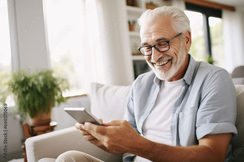 Portrait of a relaxed senior man laughing while using his smartphone at home. Modern lifestyle of the elderly people. Portrait of a relaxed senior man laughing while using his smartphone at home. Modern lifestyle of the elderly people.