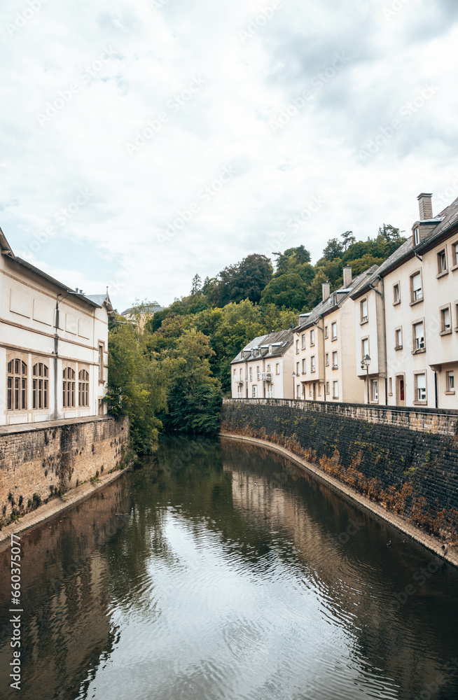 view of small river passing by old houses with beautiful green trees around in luxembourg 