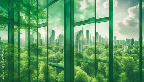 Double exposure of lush green forest and modern skyscrapers windows of building. Green city concept