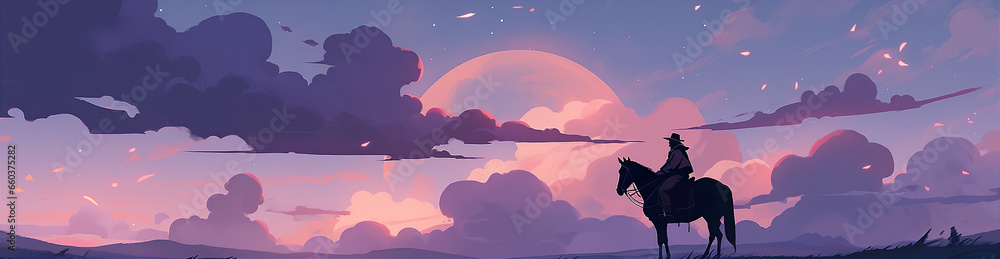 Lonely Cowboy On A Horse At Sunset.
Illustration On The Theme Of Comics And History, Travel And Animation. Generative AI
Lonely Cowboy On A Horse At Sunset.
Illustration On The Theme Of Comics And History, Travel And Animation. Generative AI