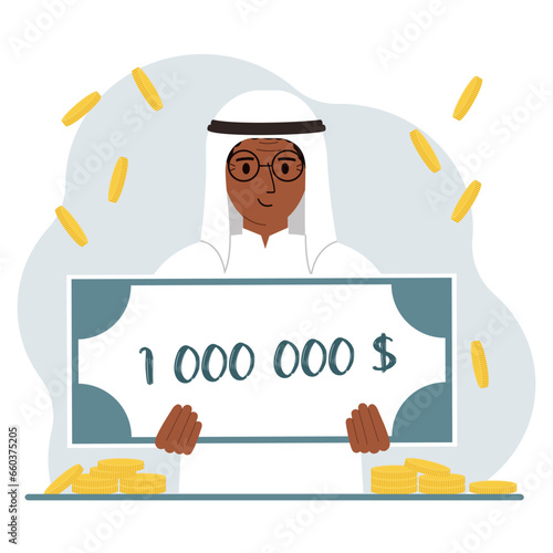 Jackpot, the concept of winning cash money. Happy smiling arab man holding a certificate for one million dollars in his hands. Feeling excited, celebrating a win.