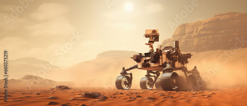 Rover on Mars surface. Exploration of red planet. Space station expedition. Perseverance. photo