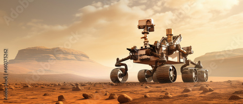 Rover on Mars surface. Exploration of red planet. Space station expedition. Perseverance. photo