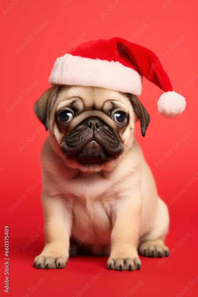 Cute Pug dog puppy with Santa Claus Christmas hat sitting on red background.