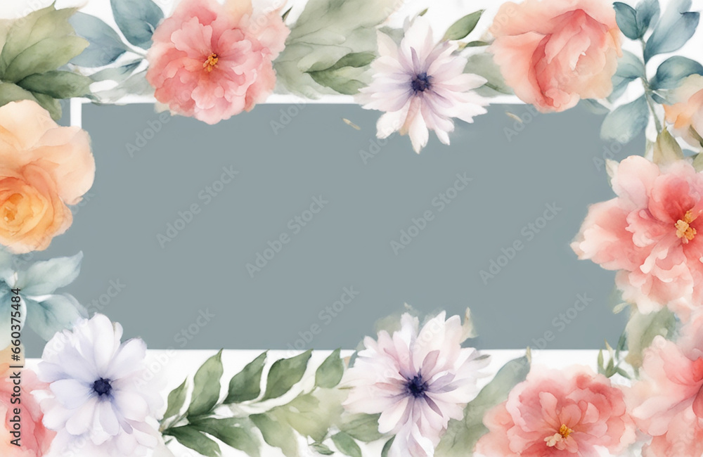 Floral boarder frame with white copy space background water color style