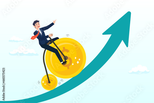 Businessman riding bicycle with dollar and euro wheels up rising graph, financial or economy concept, foreign currency exchange or mutual fund with US and EU economics, investing growth (Vector)