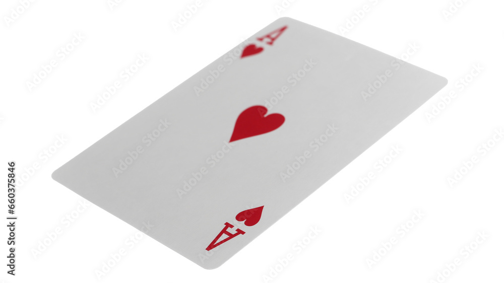 Obraz premium Flying playing card for poker and gambling, ace heart isolated on white, clipping path