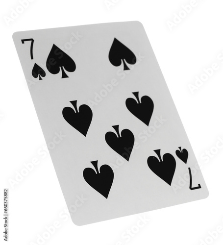Flying playing card for poker and gambling, seven spade isolated on white, clipping path
 photo