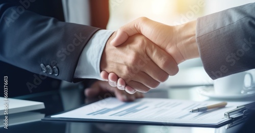 Two executives sealing a business deal with a handshake