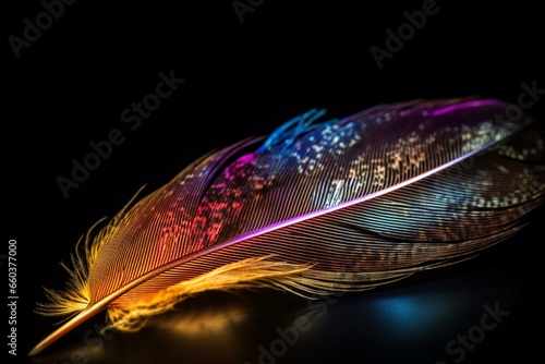A close-up of a feather with a vibrant pattern on its wings against a black background, illuminated by a blurry light. Generative AI