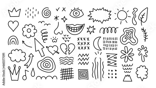 Abstract doodles and lines big set. Collection of various hand drawn black scribbles, squiggles. Vector illustration.