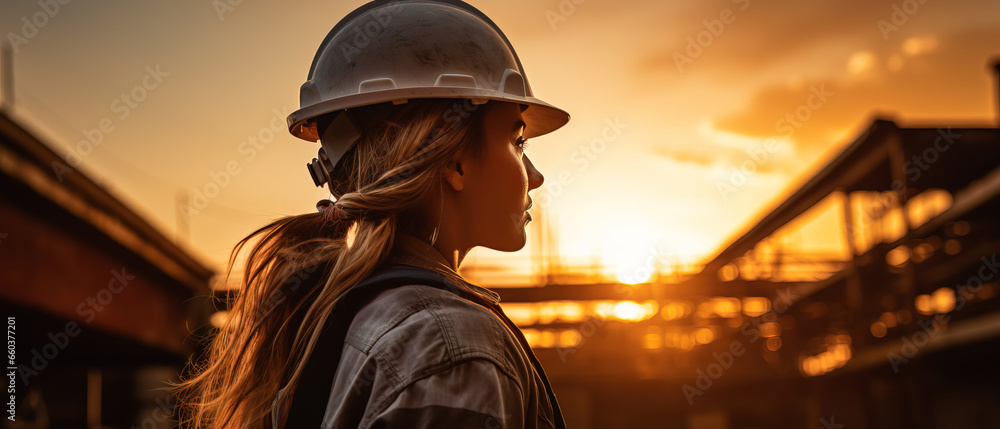 a beautiful female construction worker at sunset, with empty copy space