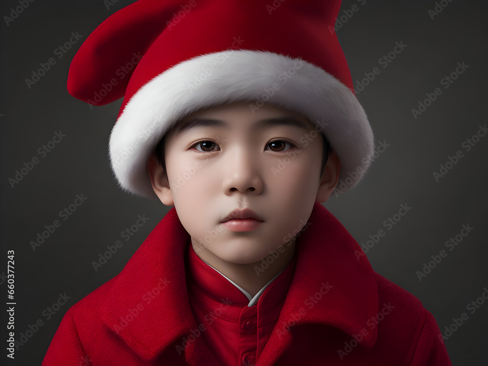 Portrait of asian boy in red coat and Santa Claus hat.generated with ai Portrait of asian boy in red coat and Santa Claus hat.generated with ai