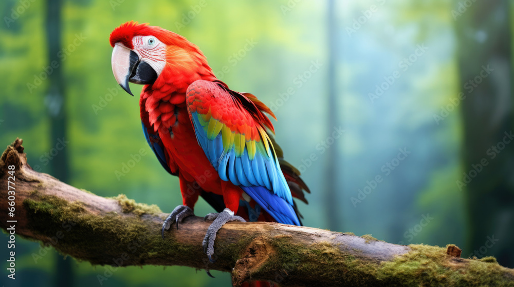 Red parrot Scarlet Macaw, Ara macao, bird sitting on the branch, Colombia. Beautiful parrot on green tree in nature habitat.
