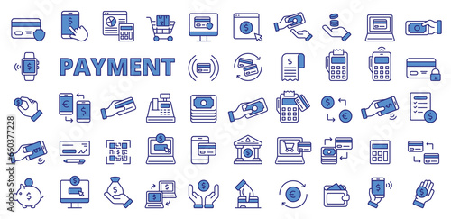 Set of Payment icons in line design blue. Icons, cash, currency, contactless, transaction, shopping, secure, exchange, withdraw, online shipping, electronic payment isolated on white background vector