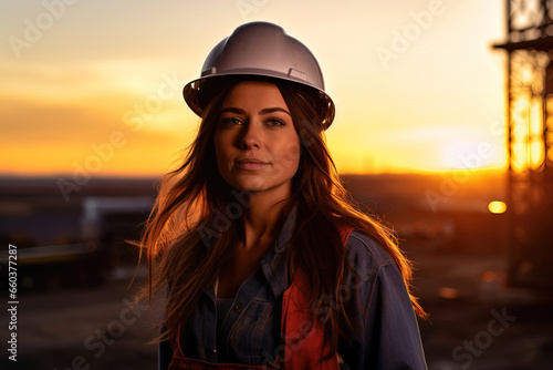 a beautiful female construction worker at sunset, with empty copy space © Uwe
