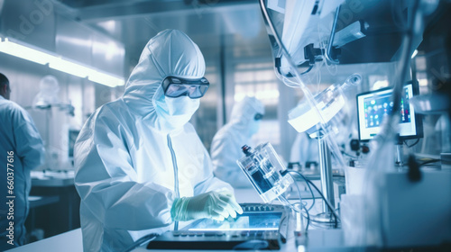 Scientists in Hazmat Sterile Suits Walking Through Technologically Advanced Factory/ Laboratory. Clean High-Tech Environment with CNC Machinery.