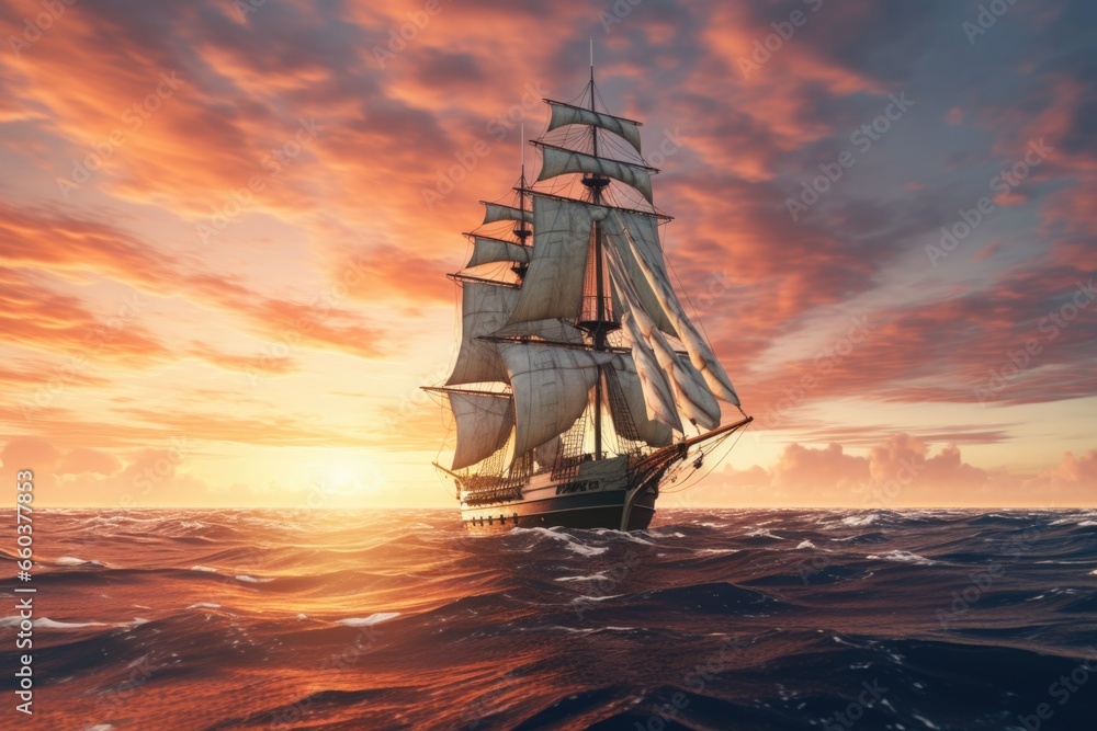 A beautiful sailboat gliding through the ocean waters during a stunning sunset. This image can be used to depict leisure, adventure, travel, or the beauty of nature.