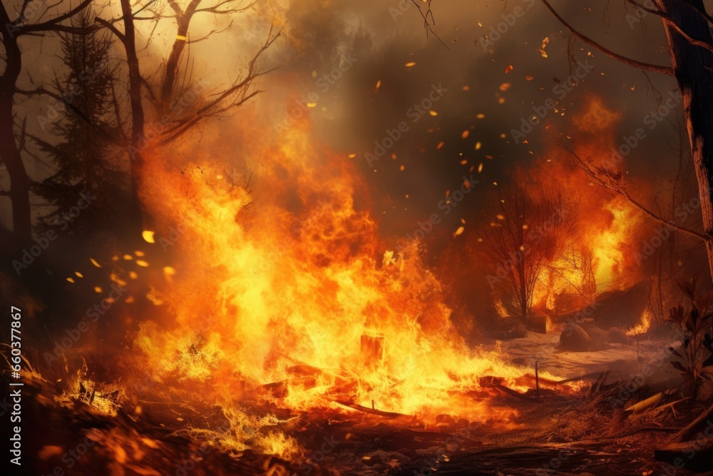 A raging fire in the middle of a forest. This image can be used to depict the destructive power of wildfires and the need for forest fire prevention.