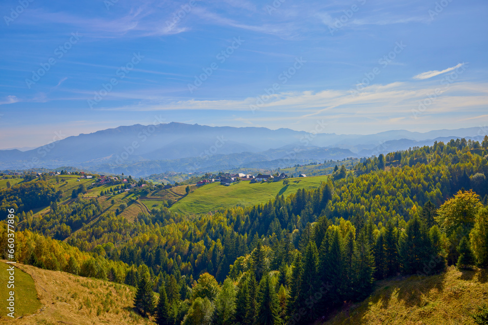 Mountain landscape from the rural areas of the Carpathian mountains in Romania.