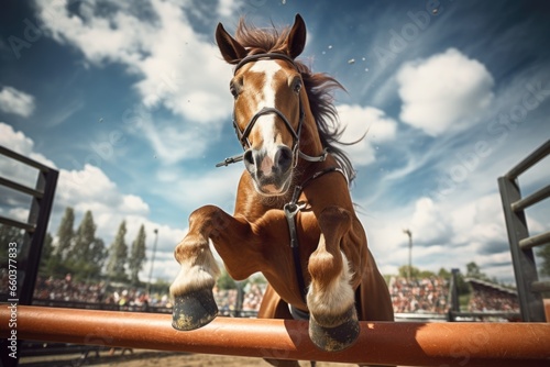 A dynamic image capturing a brown and white horse jumping over a rail. Perfect for showcasing the elegance and power of horses. Ideal for equestrian-related designs and promotional materials. © Alena